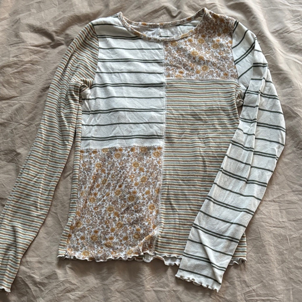 American Eagle Outfitters Cream and Green Striped Floral Top